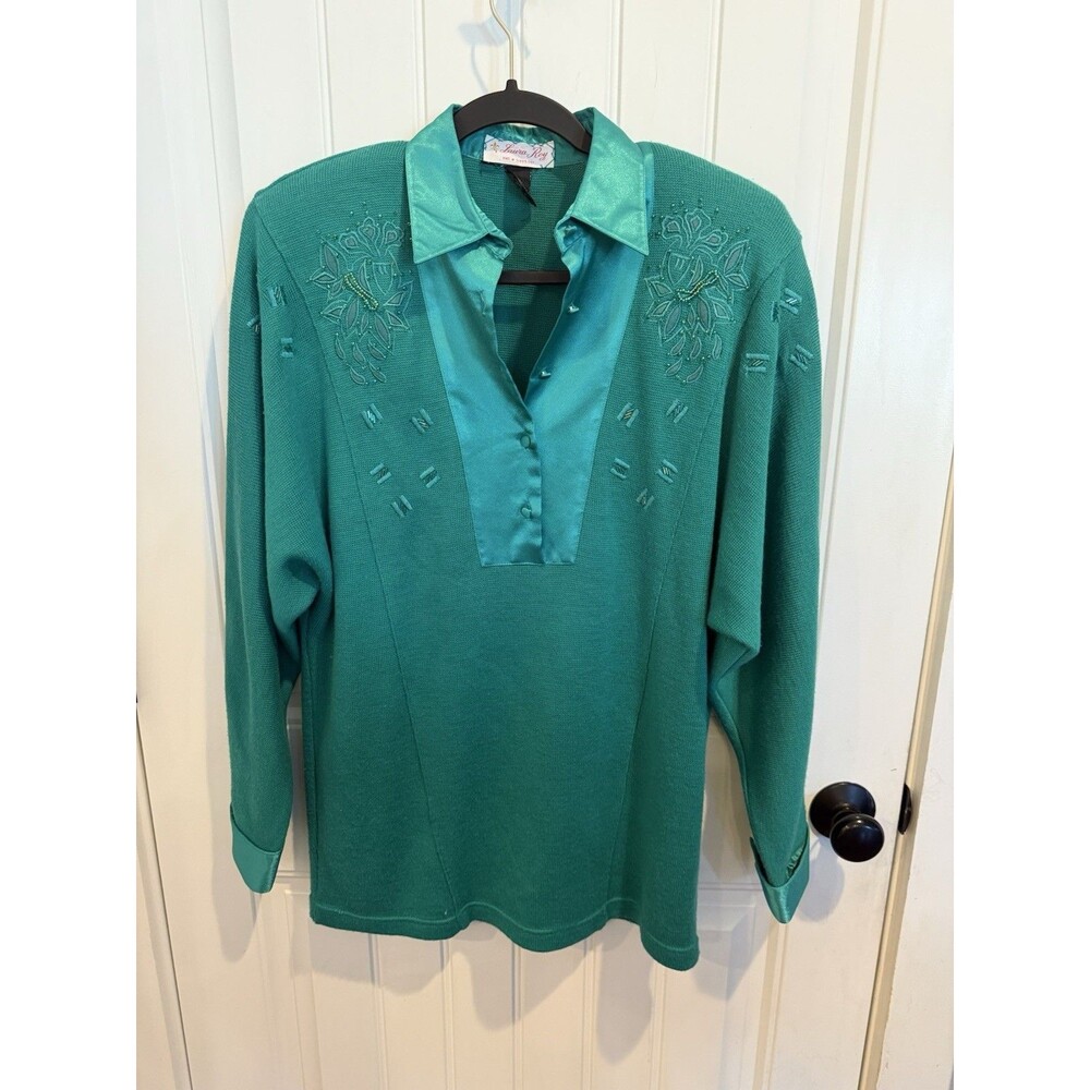 Vintage 80s Laura Roy Sweater M Teal Beaded Satin Collar Patent Label